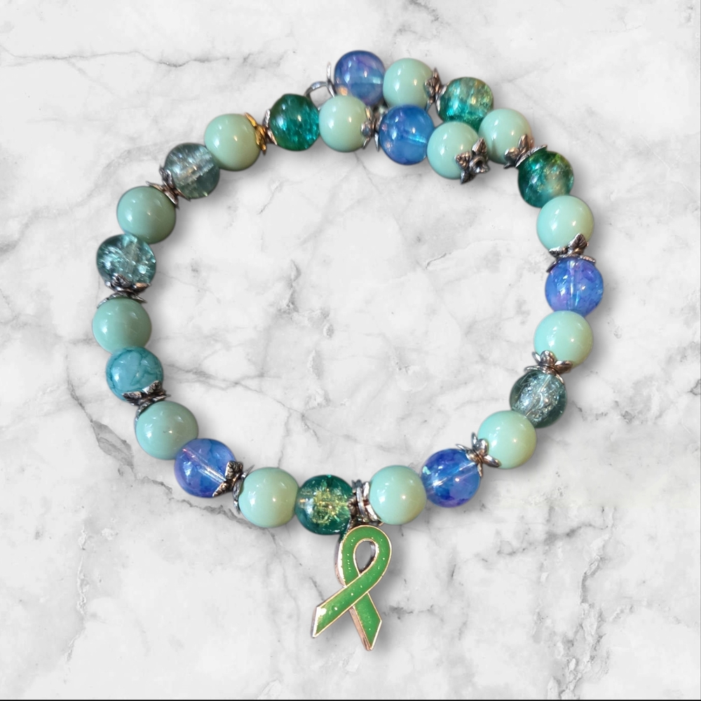 Vibrant Beaded Bracelet with Green Ribbon Charm 1063